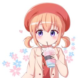Rule 34 | 1girl, :t, beret, black ribbon, blush, brown jacket, closed mouth, collared shirt, commentary request, cup, disposable cup, drinking straw, floral background, flower in eye, gochuumon wa usagi desu ka?, goth risuto, hair between eyes, hat, heart, holding, holding cup, hoto cocoa, jacket, light brown hair, looking at viewer, neck ribbon, open clothes, open jacket, purple eyes, red hat, ribbon, shirt, sidelocks, smile, solo, sweater vest, symbol in eye, twintails, upper body, white background, white shirt