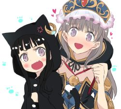 Rule 34 | 2girls, :d, anger vein, animal costume, atelier (series), atelier meruru, atelier totori, bad id, bad pixiv id, bare shoulders, bell, black hair, blush, cat costume, cat tail, collar, commentary request, ear piercing, earrings, fang, female focus, grey eyes, hair ornament, hat, hat with ears, headdress, heart, holding, hood, jewelry, kemonomimi mode, kittysuit, long hair, maromi (am97), mimi houllier von schwarzlang, multiple girls, neck bell, nontraditional playboy bunny, open mouth, paw pose, paw print, piercing, purple eyes, sidelocks, silver hair, single earring, smile, tail, totooria helmold, upper body, very long hair, white background