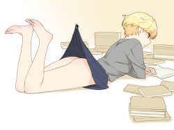 Rule 34 | 1girl, ass, assisted exposure, bare legs, barefoot, blonde hair, book, book stack, clothes lift, clothes pull, clueless, cursor, feet, gradient background, highres, ino (magloid), legs, legs up, lying, no panties, on stomach, open book, otome function, reading, shirt, short hair, skirt, skirt lift, skirt pull, solo, tatiana vasilievna stalina, the pose, toes