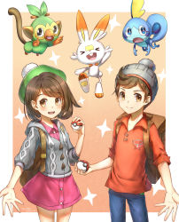 Rule 34 | &gt; &lt;, 1boy, 1girl, :d, absurdres, backpack, bag, beanie, blue eyes, blush, brown eyes, brown hair, cardigan, chenjiyan y, closed eyes, closed mouth, commentary request, cowboy shot, creatures (company), d:, eyebrows, facing viewer, game freak, gen 8 pokemon, gloria (pokemon), green hat, grookey, hair between eyes, hat, highres, holding, holding poke ball, long sleeves, looking at viewer, nintendo, open mouth, poke ball, poke ball (basic), pokemon, pokemon (creature), pokemon swsh, red shirt, scorbunny, shirt, short hair, simple background, smile, sobble, standing, star (symbol), starter pokemon trio, tam o&#039; shanter, teeth, upper teeth only, victor (pokemon), xd