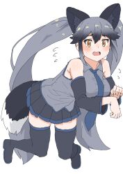 Rule 34 | 1girl, absurdres, adapted costume, alternate hairstyle, animal ears, bare shoulders, black footwear, black hair, black skirt, blue necktie, blush, boots, collared shirt, detached sleeves, embarrassed, extra ears, fang, flying sweatdrops, fox ears, fox girl, fox tail, grey hair, grey shirt, hair between eyes, highres, kemono friends, kumasyan1998, multicolored hair, necktie, open mouth, orange eyes, pleated skirt, shirt, sidelocks, silver fox (kemono friends), skirt, solo, tail, thigh boots, thighhighs, twintails, zettai ryouiki