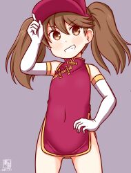 Rule 34 | 1girl, artist logo, brown eyes, brown hair, china dress, chinese clothes, covered navel, cowboy shot, dated, dress, elbow gloves, flat chest, gloves, grey background, grin, hat, kanon (kurogane knights), kantai collection, long hair, looking at viewer, one-hour drawing challenge, red dress, red hat, ryuujou (kancolle), short dress, simple background, smile, solo, visor cap, white gloves