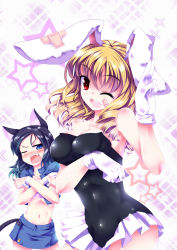Rule 34 | 2girls, animal ears, bandaid, bare shoulders, black hair, blonde hair, blue eyes, blue hair, blush, breast envy, breasts, rabbit ears, cat ears, cleavage, covering privates, fang, flat chest, gloves, highres, huangquan dong (sinchi), large breasts, looking at breasts, multiple girls, navel, one eye closed, original, red eyes, star (symbol), wink