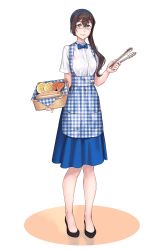 Rule 34 | 1girl, apron, aqua eyes, black hair, blue apron, blue hairband, bread, buttons, closed mouth, collared shirt, food, full body, glasses, hair between eyes, hairband, highres, holding, kantai collection, kobeya uniform, long hair, ooyodo (kancolle), plaid, plaid apron, shirt, short sleeves, simple background, smile, solo, standing, white background, white shirt, yuuji (and)