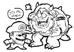Rule 34 | 2boys, beard, bowser, bowser (cosplay), catchphrase, chris pratt, cosplay, english text, facial hair, greyscale, hat, highres, jack black, josh-s26, long hair, mario, mario (cosplay), mario (series), monochrome, multiple boys, mustache, nintendo, open hands, open mouth, overalls, real life, sharp teeth, shell, simple background, sketch, smile, speech bubble, spikes, stubble, teeth, the super mario bros. movie, white background