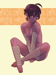 Rule 34 | 1girl, ahoge, bandaged arm, bandaged leg, bandages, bare shoulders, barefoot, between legs, breasts, brown hair, closed mouth, commentary, dark-skinned female, dark skin, english commentary, full body, hand between legs, highres, indian style, light smile, looking to the side, medium breasts, neal d. anderson, original, short hair, sitting, smile, solo, toes