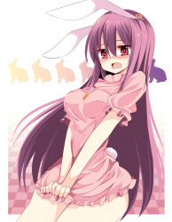 Rule 34 | 1girl, animal ears, bad anatomy, blush, breasts, rabbit, carrot, clothes pull, cosplay, dress, dress tug, highres, inaba tewi, inaba tewi (cosplay), jewelry, long hair, maturiuta sorato, open mouth, pendant, pink dress, pink skirt, purple hair, rabbit ears, rabbit girl, rabbit tail, red eyes, reisen udongein inaba, shirt pull, skirt, solo, tail, touhou, v arms, very long hair