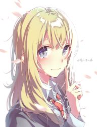 Rule 34 | 10s, 1girl, aiko (aiko 54), bad id, bad pixiv id, blazer, blonde hair, blue eyes, blurry, blush, cherry blossoms, closed mouth, copyright name, crying, crying with eyes open, depth of field, finger to mouth, highres, index finger raised, jacket, long hair, looking at viewer, miyazono kawori, necktie, petals, red necktie, school uniform, shigatsu wa kimi no uso, shushing, solo, striped necktie, striped neckwear, tears, upper body, white background