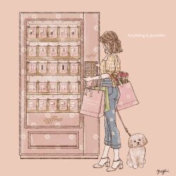 Rule 34 | 1girl, animal, artist name, bag, black eyes, blue pants, bottle, box, brown hair, casual, commentary, cosmetics, denim, dog, english commentary, facing away, floral print, flower, french text, from side, full body, hair ribbon, high heels, holding, holding leash, leash, looking at viewer, original, pants, perfume (cosmetics), perfume bottle, pink background, pink flower, pink lipstick tube, pink ribbon, pink theme, pink tulip, pressing, profile, push-button, lipstick tube, ribbon, shirt, shopping bag, short hair, short sleeves, signature, simple background, sitting, standing, symbol-only commentary, translation request, tulip, vending machine, wavy hair, white flower, white footwear, yayoi (frp-y), yellow shirt