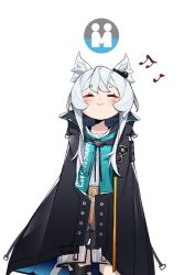 Rule 34 | 1girl, :&gt;, absurdres, animal ear fluff, animal ears, aqua vest, arknights, black coat, blush, brown skirt, chibi, closed eyes, coat, commentary, cool est, cowboy shot, earpiece, gameplay mechanics, highres, looking up, musical note, own hands together, rosmontis (arknights), shirt, short hair, short hair with long locks, simple background, skirt, solo, symbol-only commentary, thigh strap, white background, white hair, white shirt