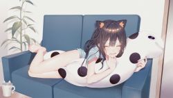 1girl :d absurdres animal_ear_fluff animal_ears bare_legs bare_shoulders barefoot black_hair blue_shirt blush cat_ears cat_girl closed_eyes commentary_request couch cup eyelashes fang feet fingernails hair_between_eyes happy highres huge_filesize indoors long_hair lying no_pants on_couch on_side open_mouth original plant potted_plant shirt short_sleeves sidelocks sinomi skin_fang smile solo toenails toes