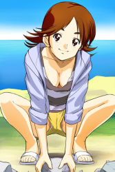 Rule 34 | 1990s (style), 1girl, beach, breasts, brown eyes, brown hair, catherina, cleavage, clothing aside, day, downblouse, feet, haruyama kazunori, hood, hoodie, medium breasts, ocean, outdoors, panties, pantyshot, retro artstyle, rock, sandals, shirt, short hair, shorts, shorts aside, sky, sleeves rolled up, smile, solo, spread legs, squatting, striped clothes, striped shirt, tottoi, tottori, underwear, upshorts, water, white panties