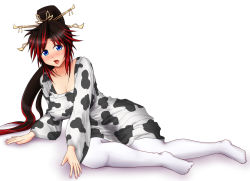 Rule 34 | 1girl, animal print, arm support, banpresto, black hair, blue eyes, blush, breasts, cleavage, collarbone, cow print, dress, hair ornament, large breasts, long hair, lying, multicolored hair, nail polish, nanbu kaguya, on side, open mouth, pantyhose, ponponmaru, ponytail, red hair, saliva, shirt, simple background, solo, super robot wars, super robot wars og saga mugen no frontier, taut clothes, taut shirt, tears, two-tone hair, very long hair, white pantyhose