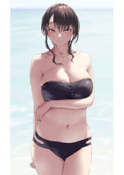 Rule 34 | 1girl, arm under breasts, bare shoulders, bikini, blush, breasts, brown eyes, brown hair, cleavage, collarbone, jonsun, large breasts, long hair, looking at viewer, mami (jonsun), mole, mole under eye, navel, original, parted lips, solo, strapless, strapless bikini, swimsuit, thighs, tube top, wet