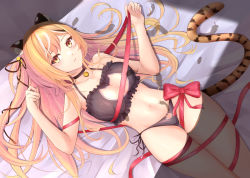 Rule 34 | 1girl, absurdres, animal ears, bikini, black bikini, black choker, black hair, black ribbon, blonde hair, bow, breasts, cat cutout, cat cutout panties, cat lingerie, choker, cleavage, closed mouth, clothing cutout, collarbone, from above, hair ribbon, highres, indie virtual youtuber, leopard ears, leopard girl, leopard tail, long hair, looking at viewer, lying, medium breasts, meme attire, multicolored hair, navel, neck bell, neck bell, no.fifteen, on back, panties, red bow, red ribbon, ribbon, shawn358, side-tie panties, streaked hair, swimsuit, tail, underwear, virtual youtuber, white hair, yellow eyes