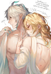 Rule 34 | 2boys, absurdres, ahoge, alhaitham (genshin impact), aqua eyes, aqua hair, artist name, back, bare back, bite mark, blonde hair, blush, collarbone, collared shirt, commentary, earrings, english commentary, english text, fingernails, genshin impact, grey hair, hair between eyes, hand up, hickey, highres, implied after sex, jewelry, kaveh (genshin impact), large pectorals, long fingernails, long sleeves, looking at another, looking down, male focus, medium hair, multicolored hair, multiple boys, muscular, muscular male, nipples, open clothes, open mouth, open shirt, pectorals, red eyes, ring, shirt, short hair, simple background, standing, tory c44, two-tone hair, white background, white shirt, yaoi