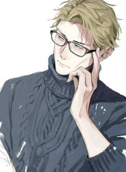 Rule 34 | 1boy, absurdres, blonde hair, blue eyes, expressionless, glasses, grey sweater, hand on own face, highres, jujutsu kaisen, looking to the side, male focus, mamita, nanami kento, ribbed sweater, short hair, solo, sweater, upper body, white background