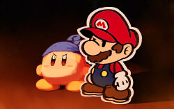 Rule 34 | + +, 1boy, bandana, bandana waddle dee, big nose, black eyes, blue bandana, blue overalls, brown eyes, brown footwear, brown hair, buttons, cabbie hat, clenched hands, colored skin, commentary request, crossover, determined, facial hair, fiery background, fire, full body, gloves, hat, highres, kirby (series), long sleeves, mario, mario (series), mustache, nintendo, no mouth, orange skin, outline, overalls, paper, paper mario, red hat, red shirt, shadow, shirt, shoes, short hair, solid oval eyes, sparkling eyes, standing, super smash bros., suyasuyabi, v-shaped eyebrows, white gloves, white outline, yellow footwear