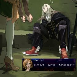 Rule 34 | 1boy, 1girl, ?, ??, alucard (castlevania), ankle wings, black cape, black pants, brown footwear, cape, castlevania: symphony of the night, castlevania (series), commentary, dhampir, english commentary, gameplay mechanics, half-human, head out of frame, high heels, kneehighs, long hair, maria renard, meme, pale skin, pants, pharan, planted, planted sword, planted weapon, pointing, red footwear, shoes, sitting, sneakers, socks, solo focus, sword, undead, vampire, weapon, white hair, white socks, wings