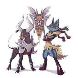 Rule 34 | beedrill, bright pupils, claws, closed mouth, commentary, creatures (company), crossed arms, furry, game freak, gen 1 pokemon, gen 2 pokemon, gen 4 pokemon, houndoom, lucario, mega beedrill, mega houndoom, mega lucario, mega pokemon, nintendo, pokemon, pokemon (creature), red eyes, ssalbulre, standing, white background, white pupils