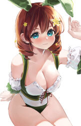 Rule 34 | 1girl, adapted costume, animal ears, arm support, bare shoulders, blue eyes, bodice, breasts, brown hair, cleavage, closed mouth, commentary, cross-laced clothes, detached sleeves, drill hair, drill sidelocks, emma verde, english commentary, evergreen (love live!), fake animal ears, flower, freckles, hair flower, hair ornament, hands up, highleg, highleg leotard, highres, hinami riku, invisible chair, large breasts, leotard, long hair, looking at viewer, love live!, love live! nijigasaki high school idol club, medium hair, nontraditional playboy bunny, puffy detached sleeves, puffy sleeves, rabbit ears, sidelocks, simple background, sitting, smile, solo, twin drills, underbust, white background, white leotard