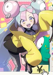 Rule 34 | absurdres, bellibolt, bow-shaped hair, character hair ornament, creatures (company), cursor, game freak, grey pantyhose, hair ornament, hexagon print, highres, iono (pokemon), jacket, long hair, low-tied long hair, multicolored hair, nintendo, oversized clothes, pantyhose, pink eyes, pink hair, pokemon, pokemon sv, sharp teeth, shirt, single leg pantyhose, sleeveless, sleeveless shirt, sleeves past fingers, sleeves past wrists, teeth, twintails, two-tone hair, very long hair, yellow jacket, yomo (rb crr)
