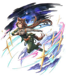 Rule 34 | 1girl, animal ears, belt, black gloves, breasts, brown footwear, brown hair, constellation, fingerless gloves, full body, galaxy, gloves, green jacket, green pants, grey shirt, high heels, highres, horse ears, horse girl, horse tail, jacket, leg up, long hair, long sleeves, looking at viewer, medium breasts, navel, open mouth, outstretched arm, pants, shimatani azu, shirt, simple background, sirius symboli (umamusume), smile, solo, star (sky), tail, two-tone shirt, umamusume, white background