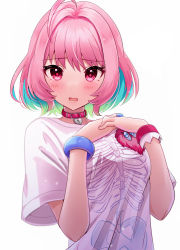 Rule 34 | 1girl, :o, absurdres, ahoge, blue hair, blush, bob cut, bone print, bracelet, hair intakes, hands on own chest, heart on chest, highres, idolmaster, idolmaster cinderella girls, idolmaster cinderella girls starlight stage, jewelry, leather choker, looking at viewer, multicolored hair, pink eyes, pink hair, sakura ran, shirt, simple background, solo, two-tone hair, upper body, white background, white shirt, yumemi riamu