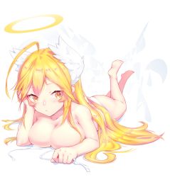 Rule 34 | 1girl, :o, ahoge, bare shoulders, barefoot, bikini, blonde hair, blush, breast press, breasts, cleavage, dev (dev0614), full body, halo, hand on own cheek, hand on own face, head rest, head wings, highres, large breasts, legs up, long hair, looking to the side, lying, on stomach, original, simple background, soles, solo, swimsuit, untied bikini, white background, white bikini, wings, yellow eyes