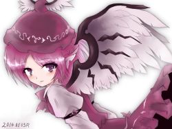 Rule 34 | 1girl, absurdres, arched back, armband, bad id, bad pixiv id, bird wings, dated, dress, electrica2012, expressionless, hat, highres, juliet sleeves, long sleeves, looking at viewer, mystia lorelei, pink hair, puffy sleeves, purple eyes, short hair, simple background, solo, touhou, white background, wings
