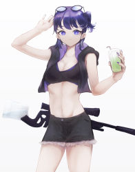 Rule 34 | 1girl, absurdres, aiv, andreana (arknights), arknights, arm up, bad id, bad pixiv id, bare arms, bare shoulders, black shirt, black shorts, commentary, cowboy shot, crop top, cup, cutoffs, drinking straw, eyewear on head, glasses, gun, hand up, highres, holding, holding cup, looking at viewer, midriff, navel, purple eyes, purple hair, rifle, shirt, short hair, shorts, side ponytail, simple background, smile, sniper rifle, solo, standing, stomach, thighs, weapon, white background