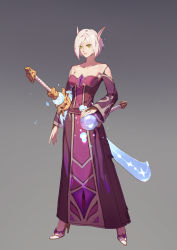 Rule 34 | 1girl, absurdres, player character (wow), bare shoulders, blood elf (warcraft), dress, elf, fantasy, green eyes, highres, long eyebrows, long pointy ears, mage (warcraft), pointy ears, short hair, sword, type-moon fans, warcraft, weapon, white hair, world of warcraft