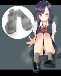Rule 34 | 1girl, absurdres, black footwear, blue skirt, blue vest, bow, bowtie, closed mouth, collared shirt, commentary request, full body, grey background, grey socks, highres, knees together feet apart, knees up, legs, loafers, long hair, lumina (artist), miniskirt, on ground, original, parted bangs, pleated skirt, purple eyes, purple hair, red bow, red bowtie, ribbed socks, school uniform, shadow, shirt, shoes, sitting, skirt, smell, smile, socks, solo, steaming body, swept bangs, unworn socks, vest, white shirt