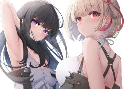 Rule 34 | 2girls, :o, arm behind head, armpits, bare arms, bare shoulders, black hair, blonde hair, breasts, camisole, collarbone, commentary request, grey camisole, gun, hand up, handgun, highres, holster, holstered, inoue takina, long hair, looking at viewer, lycoris recoil, medium breasts, multiple girls, nishikigi chisato, parted lips, purple eyes, red eyes, shoulder holster, simple background, sweat, tatapopo, weapon, white background, white camisole