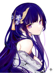 Rule 34 | 1girl, absurdres, bare shoulders, blue hair, blunt bangs, breasts, closed mouth, dark blue hair, error1980, expressionless, flower, genshin impact, hair flower, hair ornament, hairclip, highres, japanese clothes, kimono, long hair, looking to the side, mole, mole under eye, multicolored hair, off shoulder, purple eyes, purple hair, raiden shogun, simple background, solo, streaked hair, tassel, two-tone hair, upper body, white background