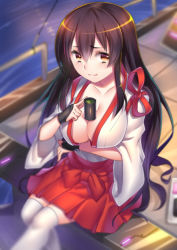 Rule 34 | 10s, 1girl, akagi (kancolle), bad id, bad pixiv id, blush, breasts, brown eyes, brown hair, cleavage, cup, japanese clothes, kantai collection, long hair, personification, sitting, skirt, smile, solo, sora 72-iro, tea, teacup, thighhighs, white thighhighs, yunomi