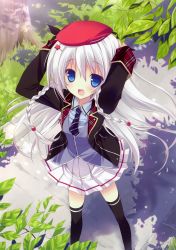 Rule 34 | 1girl, :d, absurdres, aoi yachiho, arms up, black thighhighs, blue eyes, blush, braid, grass, hair ornament, hairclip, hat, highres, koi imo sweet days, long hair, necktie, open mouth, p19, scan, school uniform, silver hair, skirt, smile, solo, standing, sunlight, thighhighs, tree, twin braids