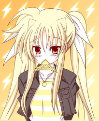 Rule 34 | 1girl, bardiche (nanoha), bardiche (standby form) (nanoha), blonde hair, blush, fate testarossa, hair ribbon, jacket, jewelry, lightning bolt symbol, lyrical nanoha, mahou shoujo lyrical nanoha, mahou shoujo lyrical nanoha a&#039;s, mouth hold, necklace, pendant, posutaruwork, red eyes, ribbon, shirt, solo, striped clothes, striped shirt, twintails