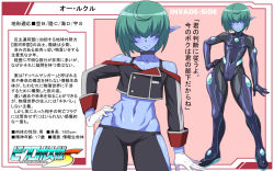 Rule 34 | 1boy, abs, bare shoulders, blue skin, bodysuit, character sheet, choker, clothing cutout, collarbone, colored skin, crop top, full body, gloves, green hair, hair over eyes, hand on own hip, male focus, midriff, mimizu (tokagex), navel, original, pants, pointy ears, short hair, smile, solo, standing, stomach, tagme, thigh cutout, trap, white gloves, yoga pants