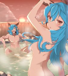 Rule 34 | 1boy, 1girl, abs, animal ears, armpits, bad id, bad pixiv id, blue hair, blush, breasts, closed eyes, collarbone, completely nude, convenient censoring, drang (granblue fantasy), earrings, erune, ferry (granblue fantasy), granblue fantasy, hair between eyes, hair over one eye, highres, hiiragi ken, jewelry, long hair, medium hair, mixed-sex bathing, nude, onsen, open mouth, out-of-frame censoring, shared bathing, shiny skin, sideboob, sitting, sky, small breasts, standing, water, wavy hair, zenra