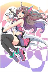 Rule 34 | 1girl, ahoge, alternate color, bike shorts, black thighhighs, blouse, blue eyes, blush, brown hair, buttons, commentary, full body, gradient background, hair between eyes, hair flaps, hair ornament, high heels, highres, holding, holding microphone, hololive, jacket, jumping, long hair, looking at viewer, microphone, miniskirt, moroboshi meteo, navel, open mouth, red footwear, red jacket, red skirt, ribbon, shirt, skirt, sleeveless, smile, solo, star (symbol), star hair ornament, thighhighs, tokino sora, tokino sora (1st costume), virtual youtuber, waist cape, white shirt, zettai ryouiki