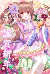 Rule 34 | 1girl, 2018, :d, animal ears, brown eyes, brown hair, dog ears, dress, flower, hair flower, hair ornament, highres, long hair, looking at viewer, new year, open mouth, original, paddle, purple dress, smile, solo, thighhighs, white thighhighs, yuzushiro