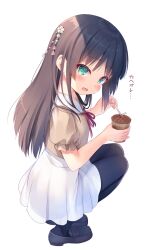 Rule 34 | 1girl, :o, bendy straw, blouse, blue footwear, blue pantyhose, blush, brown hair, brown shirt, cafe au lait, collar, commentary request, cup, disposable cup, drinking straw, full body, green eyes, hair ornament, highres, holding, holding cup, loafers, long hair, looking at viewer, na-ga, neck ribbon, open mouth, original, pantyhose, puffy short sleeves, puffy sleeves, red ribbon, ribbon, shirt, shoes, short sleeves, sidelocks, simple background, skirt, solo, squatting, translation request, white background, white collar, white skirt