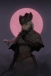 Rule 34 | 1girl, absurdres, belt, black gloves, bloodborne, braid, buttons, capelet, character request, coat, double-breasted, film grain, floating hair, full moon, gloves, gogalking, grey capelet, grey coat, hand up, hat, highres, holding, holding weapon, looking at viewer, moon, multiple belts, parted lips, pink moon, red eyes, single braid, solo, standing, tricorne, weapon, white hair