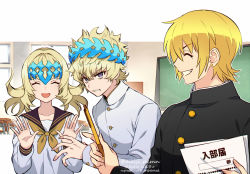 Rule 34 | 1girl, 2boys, alternate costume, blonde hair, breasts, brother and sister, castor (fate), classroom, closed eyes, closed mouth, collar, diadem, earrings, fate/grand order, fate (series), jason (fate), jewelry, medium hair, meiji ken, multiple boys, open mouth, pen, pollux (fate), robe, siblings, sidelocks, smile, twins, white robe