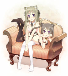 Rule 34 | 2girls, amagai tarou, animal ears, bell, neck bell, blonde hair, blush, bra, bracelet, breasts, brown hair, cat ears, cat tail, head rest, cleavage, collar, couch, garter belt, hair ribbon, highres, intertwined tails, jewelry, jingle bell, legs, lingerie, lying, multiple girls, neck ribbon, on stomach, original, panties, ponytail, purple eyes, ribbon, sidelocks, sitting, staring, tail, thighhighs, tiles, underwear, underwear only, v arms, wing collar