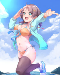 Rule 34 | 1girl, bikini, black thighhighs, blue eyes, blue footwear, blue jacket, blue sky, blush, breasts, brown hair, cleavage, cloud, collarbone, commentary request, day, hair ornament, jacket, kanabun, large breasts, looking at viewer, love live!, love live! sunshine!!, navel, open clothes, open jacket, open mouth, orange bikini, outdoors, pointing, salute, shoes, short twintails, side-tie bikini bottom, sky, smile, sneakers, solo, standing, standing on one leg, stomach, summer, swimsuit, thighhighs, thighs, track jacket, twintails, watanabe you