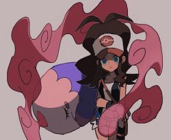 Rule 34 | 1girl, 950magi618, antenna hair, bag, baseball cap, black vest, blue eyes, blue shorts, brown hair, closed mouth, creatures (company), cutoffs, film grain, frown, game freak, gen 5 pokemon, grey background, handbag, hat, highres, hilda (pokemon), long hair, musharna, nintendo, open clothes, open vest, pokemon, pokemon (creature), pokemon bw, ponytail, red bag, shorts, simple background, tears, vest, wristband