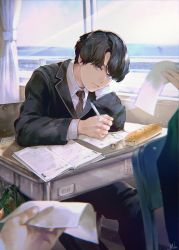 Rule 34 | 1boy, 1girl, 1other, absurdres, bag, black eyes, black hair, brown neckwear, chair, classroom, closed mouth, cloud, cloudy sky, curtains, desk, drawing, eraser, green bag, highres, holding, holding paper, holding pencil, indoors, kyuuba melo, light particles, light rays, looking at viewer, male focus, necktie, original, paper, pencil, pencil case, school bag, school uniform, signature, sitting, sky, solo focus, uniform, window, zipper, zipper pull tab