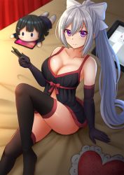 Rule 34 | 1girl, bare shoulders, bed, black camisole, black thighhighs, blush, bow, breasts, camisole, cellphone, cleavage, collarbone, commentary, drawing tablet, elbow gloves, english commentary, gloves, hair between eyes, hair bow, heart, heart-shaped pillow, highres, higuchi kaede, holding, holding pen, kazenokaze, knee up, looking at viewer, medium breasts, mole, mole under eye, nijisanji, pen, phone, pillow, ponytail, purple eyes, sidelocks, silver hair, sitting, smile, solo, thighhighs, virtual youtuber, white bow